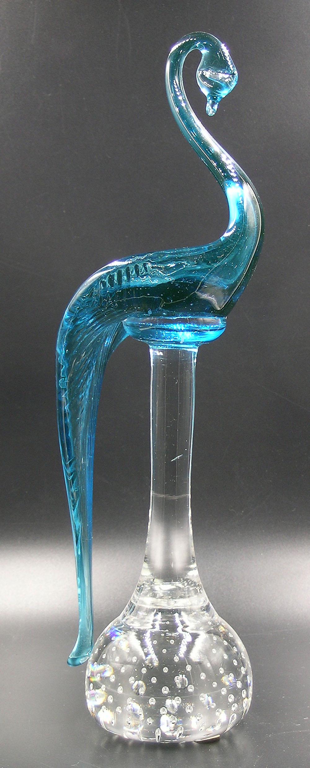 PAIRPOINT GLASS SWAN ON A STEM PAPERWEIGHT: Aqua Blue, on a colorless stem, raised on a colorless ball base having controlled air bubbles, unfinished pontil, paper label, 11 3/4" high