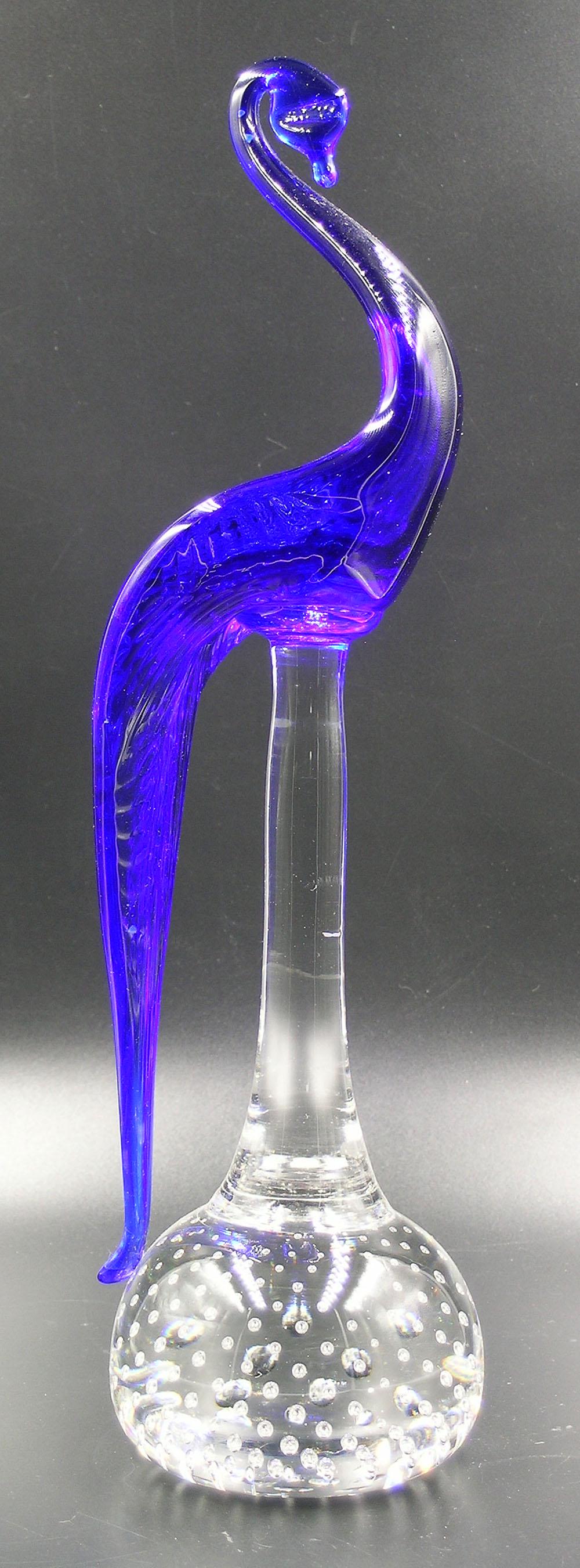 PAIRPOINT GLASS SWAN ON A STEM PAPERWEIGHT: Cobalt Blue, on a colorless stem, raised on a colorless ball base having controlled air bubbles, unfinished pontil, paper label, 11 3/4" high11 1/4" high
