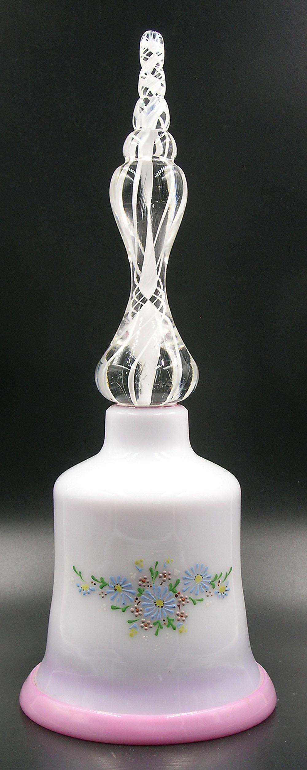 BRYDEN PAIRPOINT PEACHBLOW GLASS BELL: design by Cynthia Bryden, having hand decorated enamel floral and leaf decoration, colorless glass handle with internal white swirls, 4 1/4" dia., 11 1/4" high