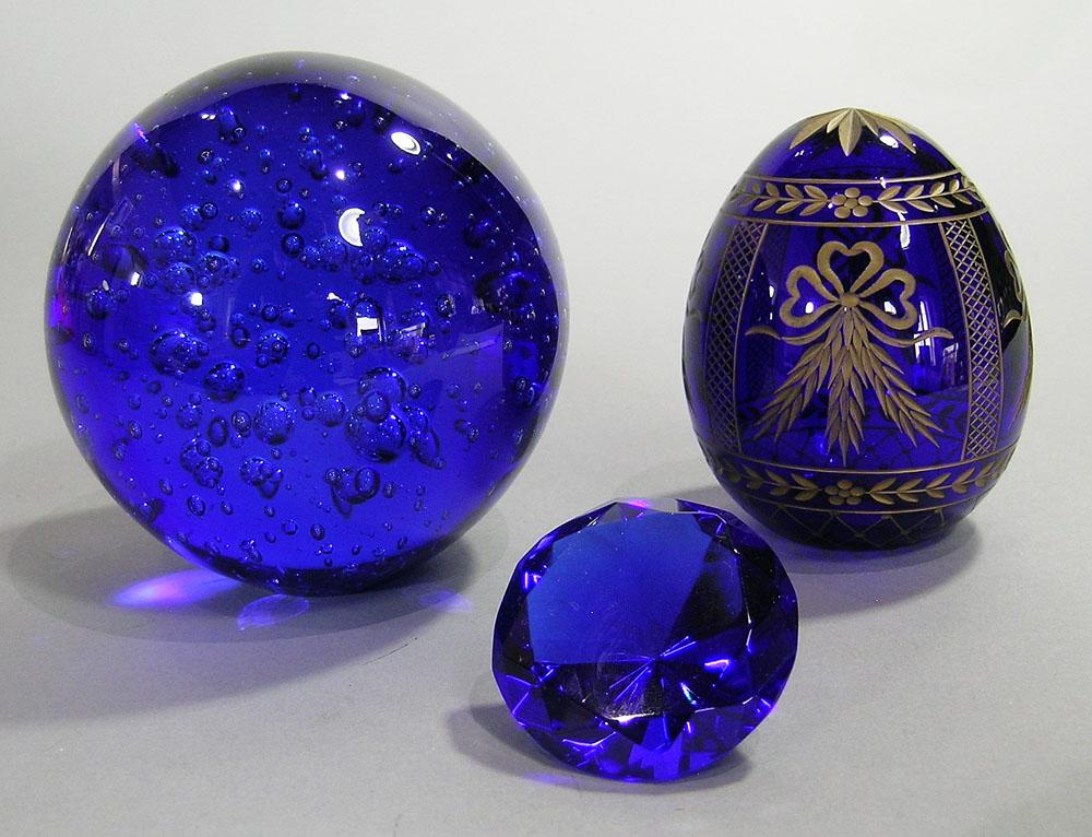 THREE COBALT ART GLASS PAPERWEIGHTS (1 of 1)