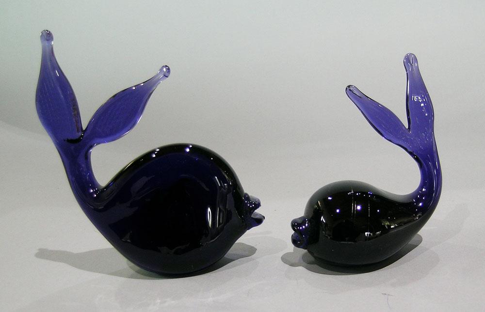 TWO PAIRPOINT ART GLASS PAPERWEIGHTS: both being cobalt blue whale form, the tallest being 5 7/8" high