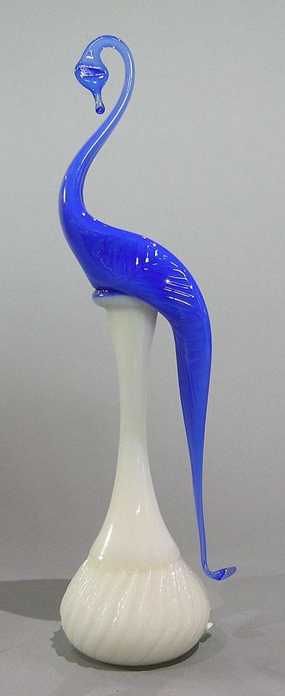 PAIRPOINT ART GLASS SWAN ON A STEM PAPERWEIGHT: blue glass, on an clambroth stem and ball form twisting ribbed base, very delicate neck, unfinished pontil, 11 1/4" high