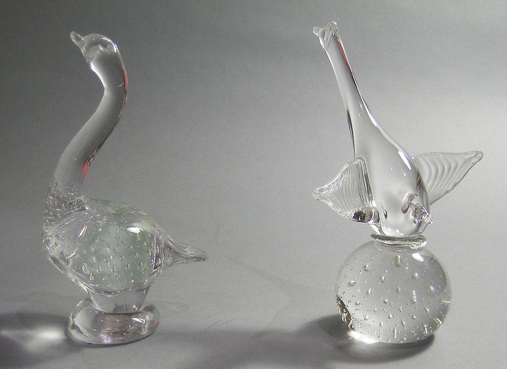 TWO PAIRPOINT ART GLASS GOOSE PAPERWEIGHTS: both having entrapped air bubbles, one taking flight, 7 1/2" high, and one standing, having paper label, 7" high