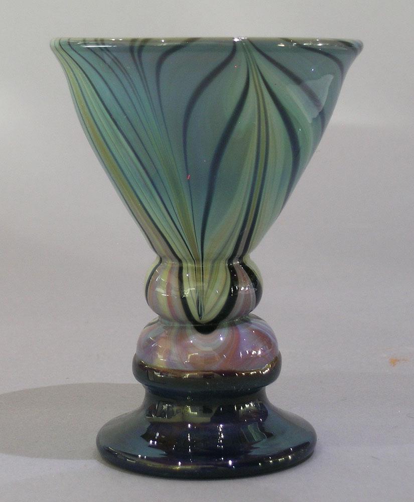 SALAMANDRA ART GLASS WINE GLASS: having various blue and rose vertical decoration, blue base, signed and dated 9/75 on bottom, 3" dia., 4" high