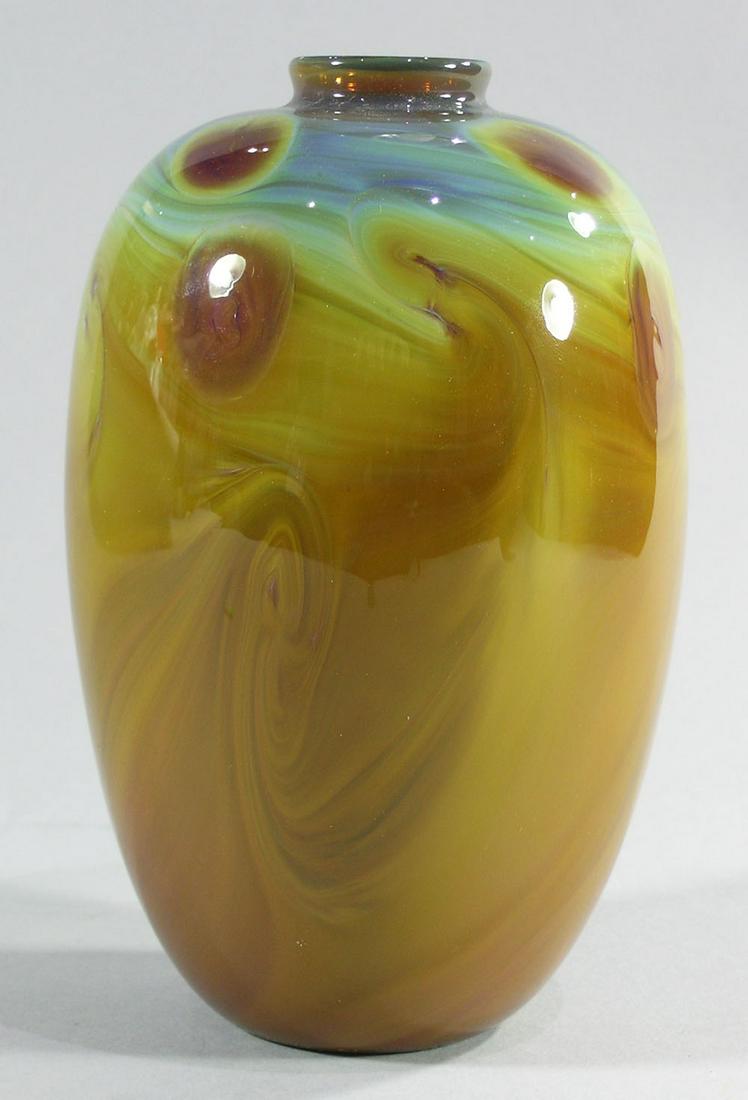 SALAMANDRA ART GLASS VASE: multicolored blue to amber, signed and dated 4/79 along edge of base, 7" high