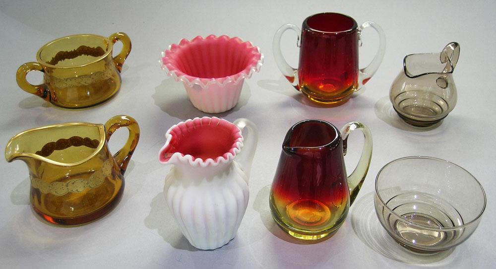 FOUR SETS ART GLASS CREAMERS AND SUGAR BOWLS (1 of 1)