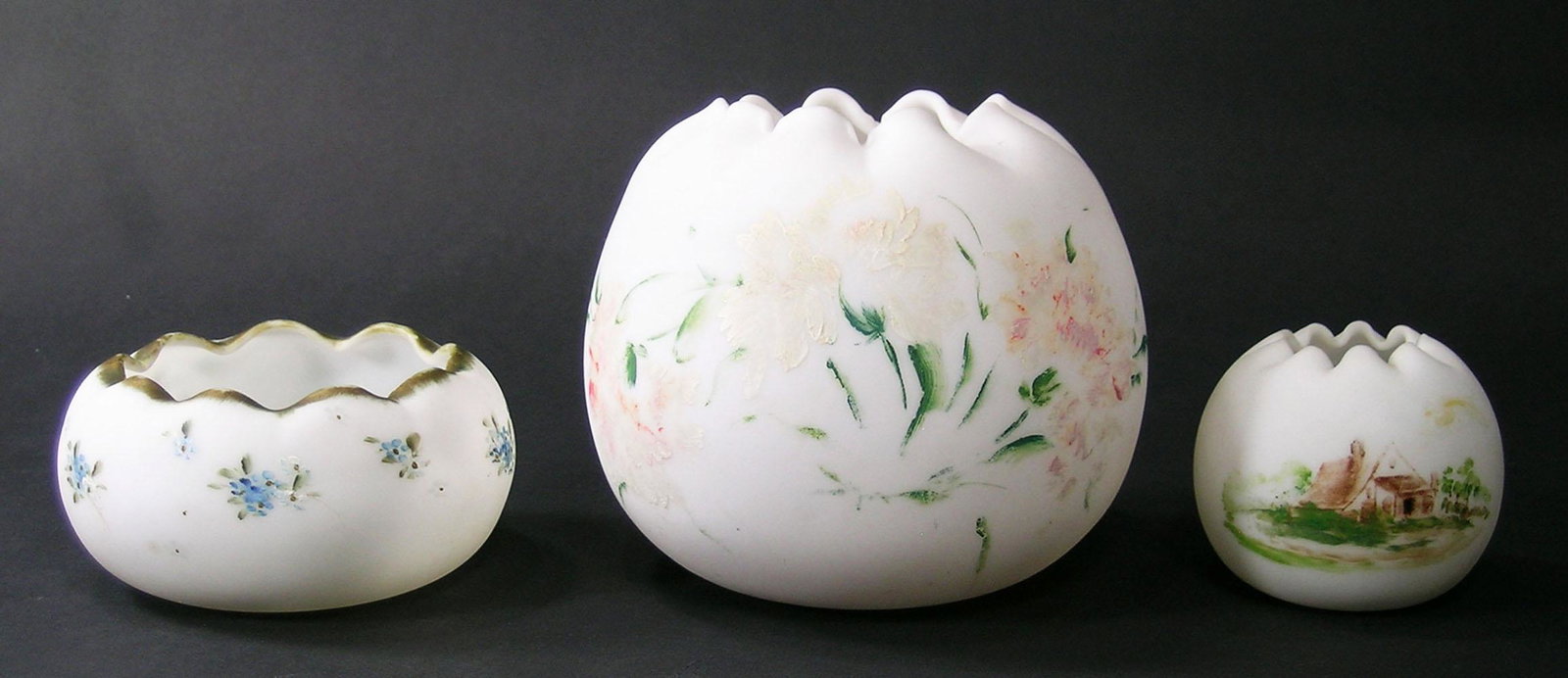 THREE ANTIQUE MILK GLASS ROSE BOWLS (1 of 1)
