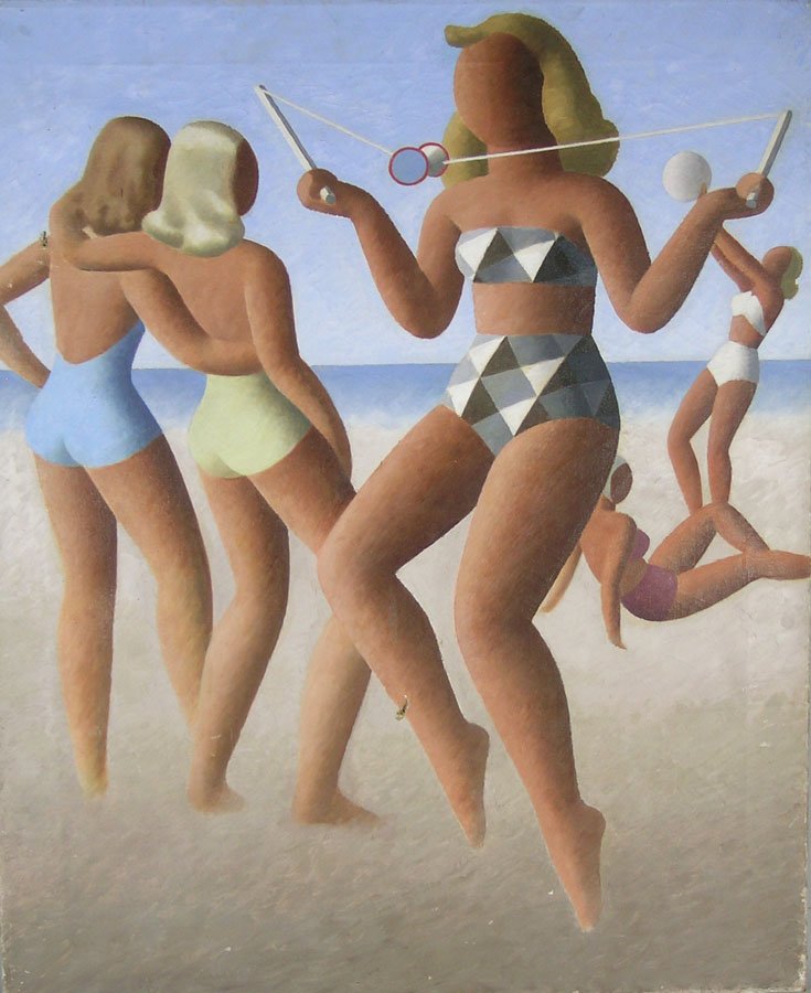 20th C. American School, oil on canvas, depicting: 20th C. American School, oil on canvas, depicting faceless females figures in one and two piece swimsuits playing on the beach, 27" x 22".
