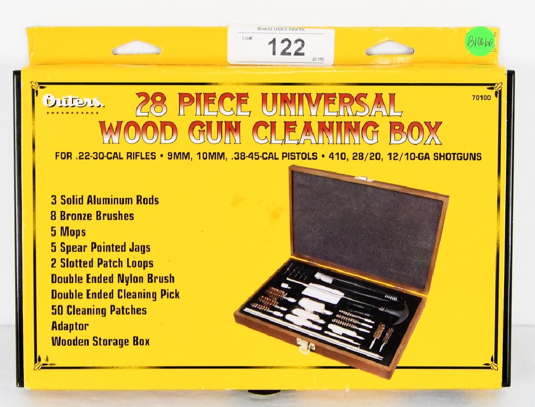 28 PC Universal wood Gun Cleaning Box NEW: For .22-.30 cal Rifles, 9mm, 10mm, .38-.45 cal pistols, .410, 28/20, 12 / 10 gauge shotguns, comes with rods brushes mops jags, loops and more, all stored in a real nice wood box