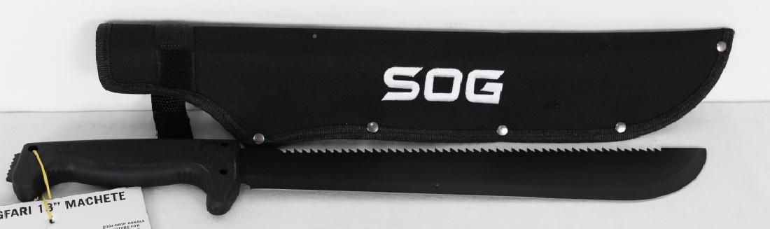 Brand New SOG Sogfari 13" Machete: SOG SOGfari 13" Machete MC01-N - Hardcased Black Blade w/Saw Back, Rubber Handle, Nylon Sheath Professional-grade, dual edged machete with 13-inch, black powder coated blade made from 3Cr13 stainless