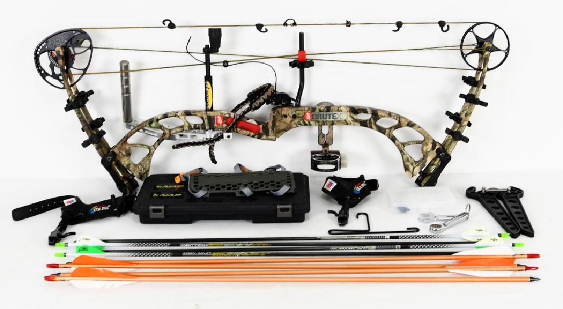 PSE Brute X LH Compound Bow Mossy Oak: Here lies a PSE Brute X LH Compound Bow designed in the Mossy Oak design is a full set up with some modifications to your bidding pleaure: it comes with 2 TRU Ball quick releases, and 4 carbon arrows