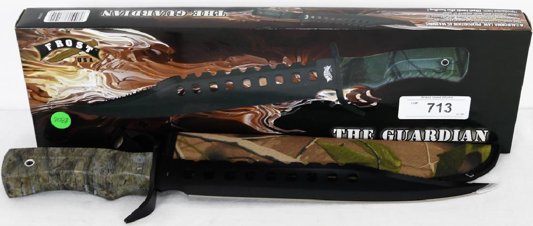 Frost Cutlery "The Guardian" 17.5" Bowie Knife NEW: NEW for your bidding pleasure is a Frost Cutlery ":The Guardian" Bowie Knife, overall length is 17.5" high quality stainless steel blade, black composite handle with lanyard hole comes with a black, h