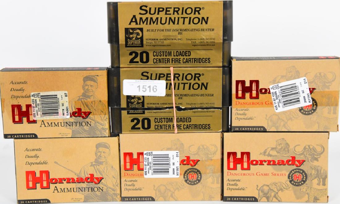 117 Rounds of .450-400 3" Nitro Express Ammo: Here are 117 Original rounds, 40 Superior ammunition 400 gr. Barnes solid in factory boxes, and 77 Hornady 400 gr. DGS in factory boxes, plus several reloads and empty brass.