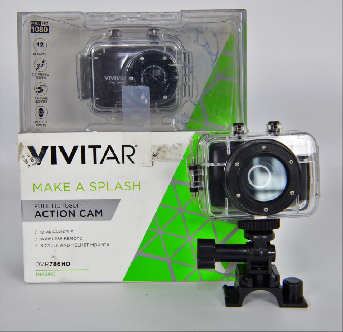 Vivitar make a splash full HD Action Cam in pkg: lot contains VIVITAR Full HD Action in package wireless remote, vivitar experience software, easy guide water proof casing bicyle mount helmet mount rechargeable built in battery ac charger usb cable