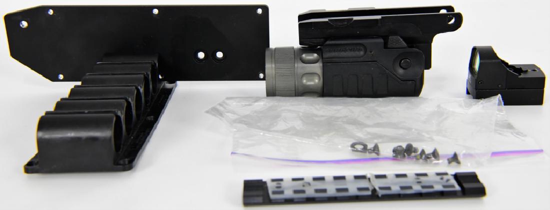 Misc Goodies: SureFire Flashlight Holster & Flashl: Lot contains: SureFire Heavy Duty Metal Light Holster with Light Mossberg 500 Shot Shell Holster (6) shells, metal plate 417T Rail approx 4.5" in length and NcSTAR Micro Red Dot Sight - a sleek red do