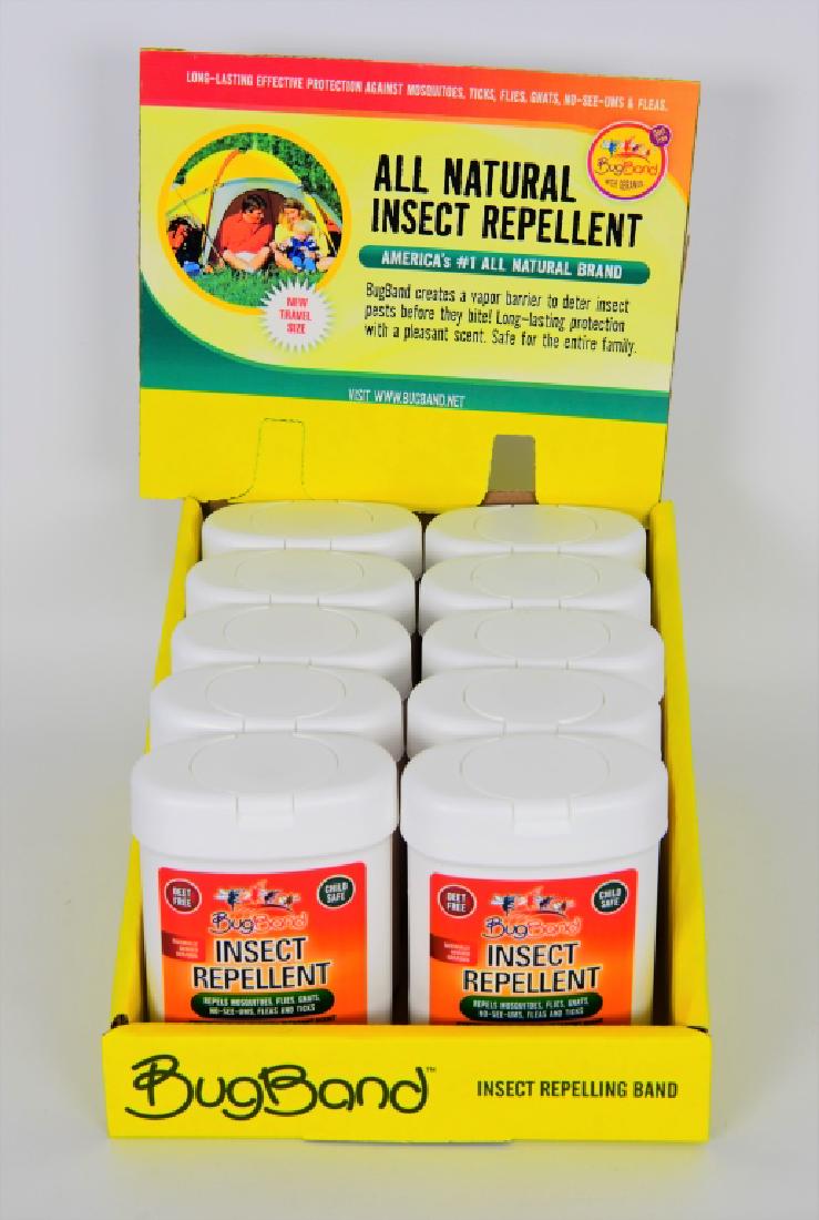 Full New Case of BUGBAND NATURAL INSECT REPELLING: 10 Tubs of BUGBAND NATURAL INSECT REPELLING TOWELETTES 15 COUNT PER TUB, The towelette is a very handy, easy to use method of applying Geraniol insect repellent. This is and 8" x 8" pretreated towelet