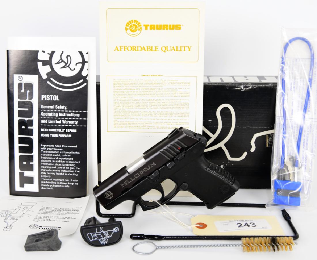 Taurus PT111 Millenium Semi Auto 9mm Pistol: Super nice Taurus PT111 Millenium model 9mm semi automatic Pistol that comes with original factory box, papers and lock. Taurus Millennium series pistols are manufactured with injection molded polymer