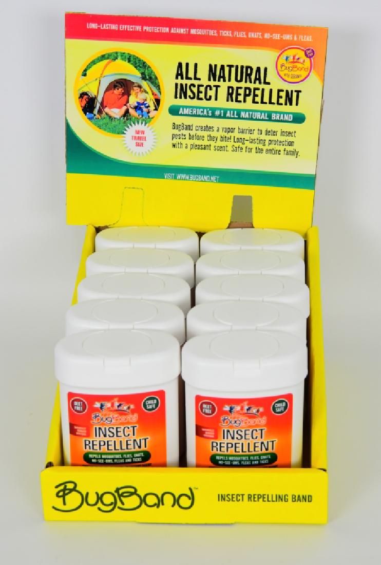 Full New Case of BUGBAND NATURAL INSECT REPELLING: 10 Tubs of BUGBAND NATURAL INSECT REPELLING TOWELETTES 15 COUNT PER TUB, The towelette is a very handy, easy to use method of applying Geraniol insect repellent. This is and 8" x 8" pretreated towelet