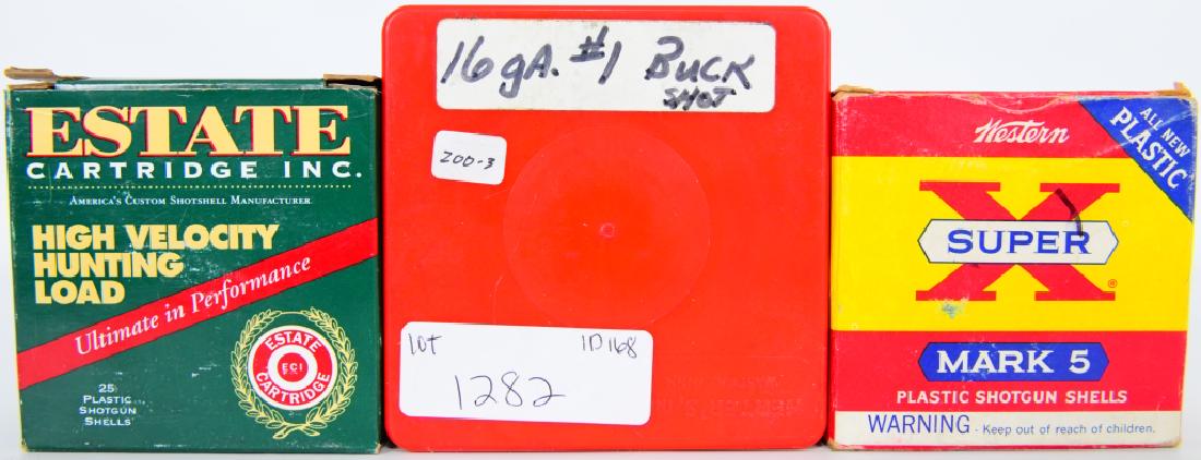 75 rds of 16 Gauge Ammunition: This lot contains 16 gauge 2 3/4" #1 Buck Box (25) 16 gauge 2 3/4" Estate 1 1/8" oz #6 Shot Box (25) 16 gauge 2 3/4" western super X 1 1/8oz 6# shot box (25)
