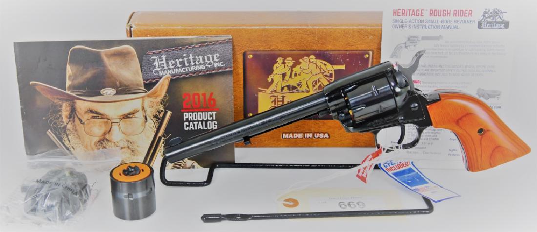 Brand New Herritage Rough Rider SAA Combo .22 MAG: Up next is a brand new in the box Heritage Rough Rider Revolver Single Action Army .22 LR and .22 Magnum 6.5" Barrel Blued Frame Wood Grips 6 Round Fixed Sights. Born of the Traditions of the Old West