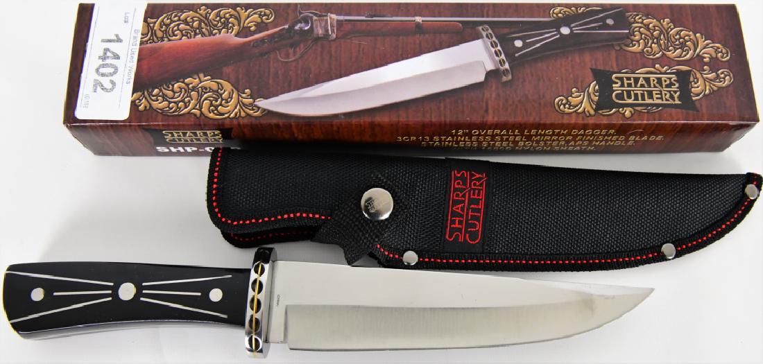 Sharps Cutlery 12" Fixed Blade / Dagger knife w/sh: New in the box is Sharps Cutlery 12" overall length Fixed Blade / Dagger Knife stainless steel mirror finished blade, stainless steel bolster, APS handle with 1680D nylon sheath with Sharps Cutlery na