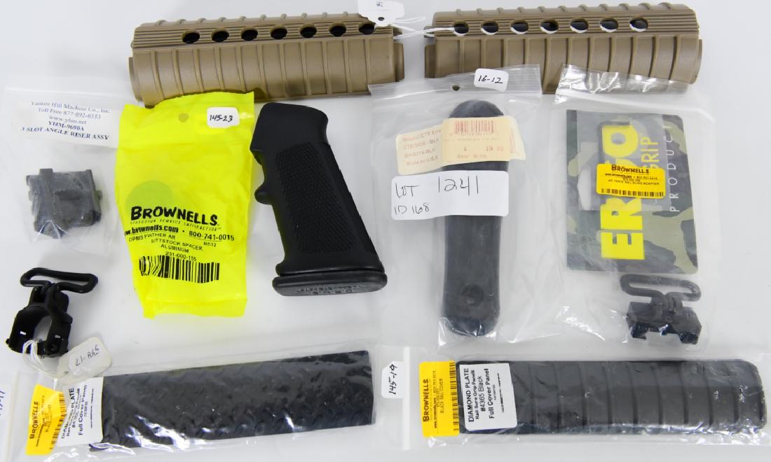Lot of Misc AR Parts: DPMS pistol grip, magpul CTR/MOE black, rail sling adapter, barrel sling mount, yankee hill 3 slot angle riser, DPMS buttstock spacer alumium, shorty FDE forend, rail covers