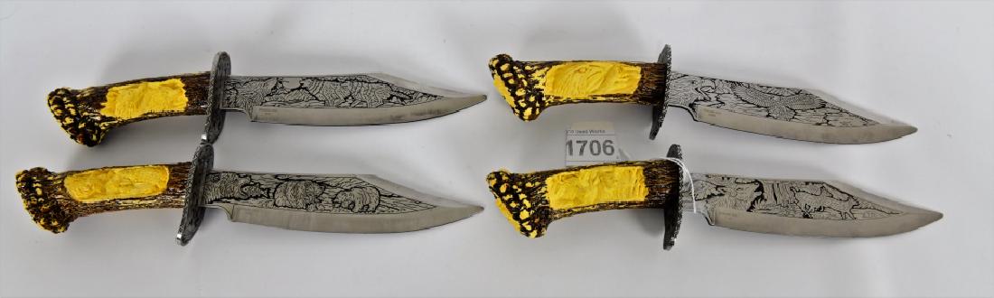 Lot of 4 collectible DAGGER knives 4 different des: Here is a great lot of 4 Collectible Dagger /Fixed Blade of knives one knife has a Moose scene engraved in the faux bone handle and etched into both sides of the blade, the other knife is a bear scene
