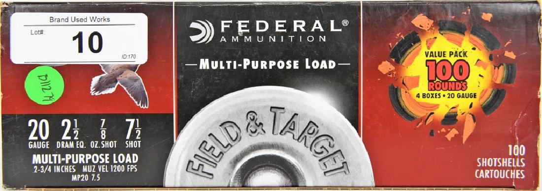100 Federal 20 Ga. Multi Purpose Load 2 3/4": Here we have a factory new Federal 100 round pack of 20 Ga. Multi Purpose Load 2 3/4" 2 1/2 Dram, 7/8 ox. shot, 7 1/2 shot.
