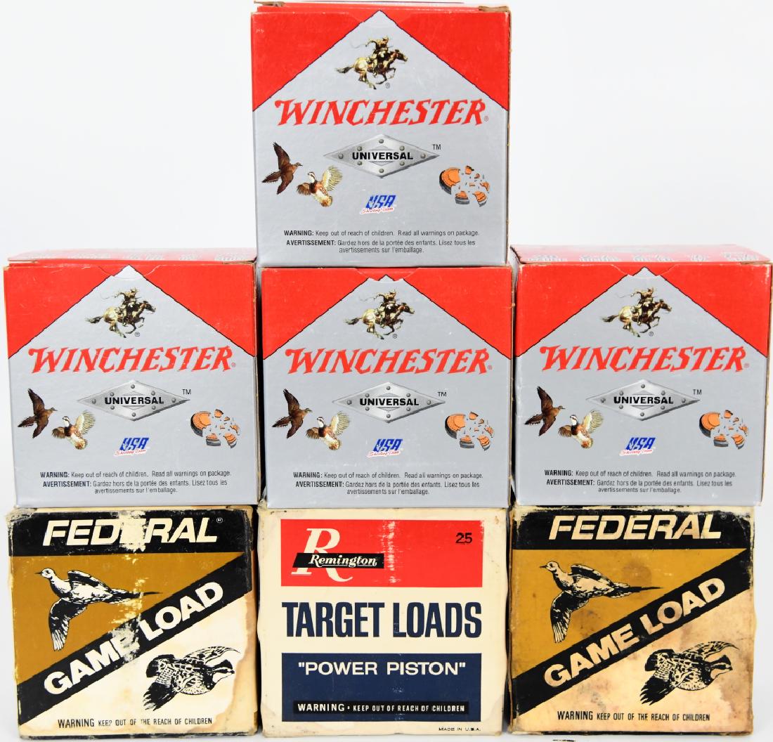 175 Shotshells 20 Ga. Variety Lot: Here we have 7 factory boxes of 20 Ga Shotshells, 4 boxes are Winchester Universal 2 3/4", 2 1/2 dram, 7/8 Oz. 7 1 /2 Shot., 2 boxes of vintage Federal game load 8 shot, and 1 box of vintage Remington