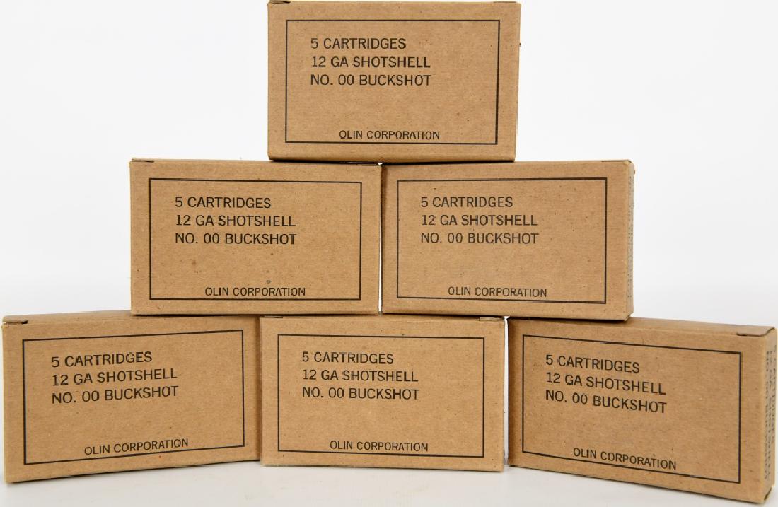 6 Boxes of Olin Military Grade 12 Ga. No. 00 Buck: Here we have 6 factory boxes of Olin 12 Gauge No.00 Buckshot, for a total of 30 Rounds. Info from the internet below: Winchester Military Grade 12 Gauge Ammunition 5 Rounds, 9 Pellets, #00 Buckshot, 2
