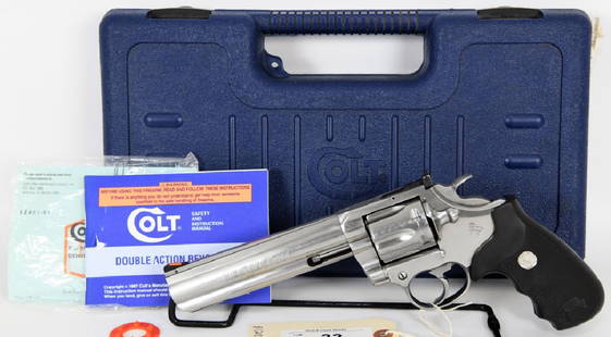 Colt King Cobra .357 Magnum 6" BBL W/ Case: Here we have a great Enhanced Limited edition Colt King Cobra .357 Magnum with a 6" barrel, hi-vis red ramp front sight, adjustible rear sight, and Colt silver medallion presentation grips. This beast