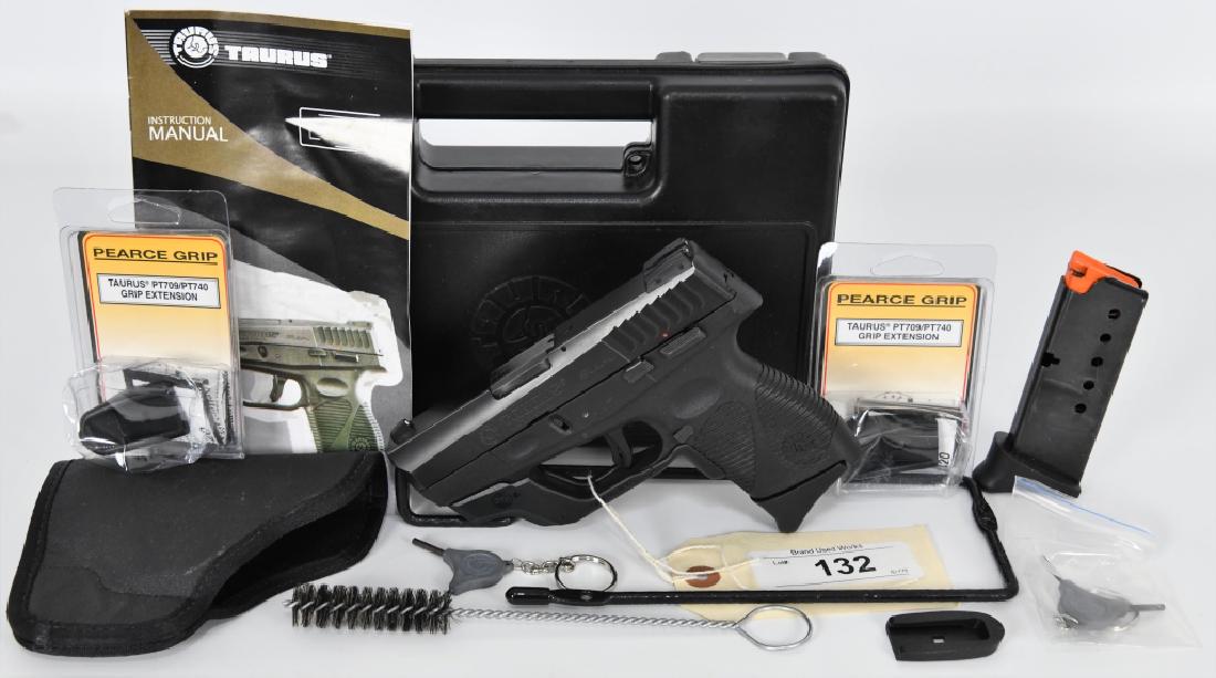 Taurus Slim PT740 .40 S&W W/ Crimson Trace Laser: Here we go, we have a nice carry gun. This Taurus Slim PT740 is chambered in .40 S&W and comes with a Crimson Trace Laser installed, 2 mags, 2 new grip extensions, holster, keys, manual and padded har