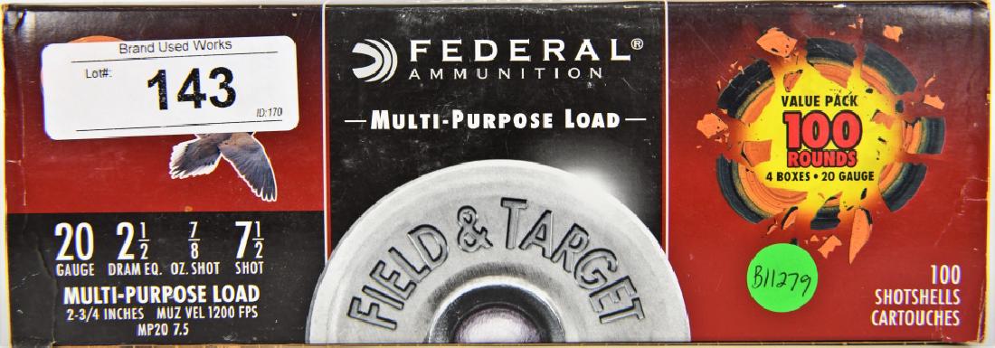 100 Federal 20 Ga. Multi Purpose Load 2 3/4": Here we have a factory new Federal 100 round pack of 20 Ga. Multi Purpose Load 2 3/4" 2 1/2 Dram, 7/8 ox. shot, 7 1/2 shot.