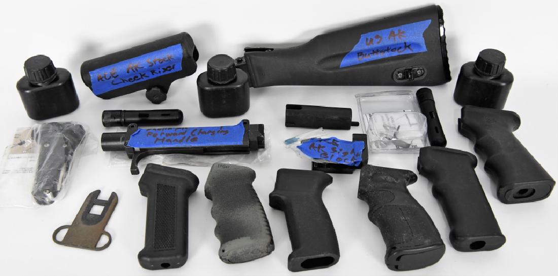 AK-47 Gunsmith's Lot of goodies!: Here we have a large lot of Misc. AK-47 parts, What I see: Dublia AK forward charging handle, ACE ak sight block, Samson AK grip tool, 2 cleaning kits, 6 pistol grips for Saiga/AK/VEPR, US AK buttstoc