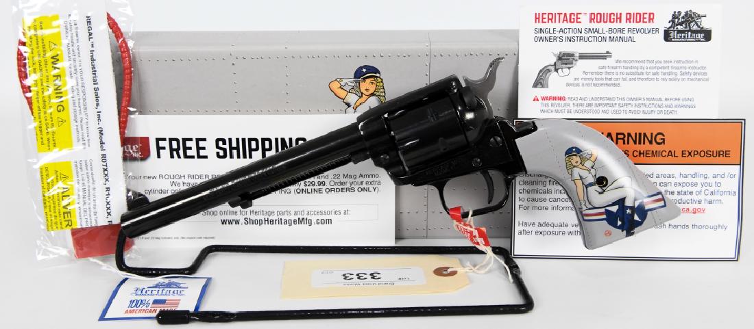 Heritage Rough Rider Lady Luck Pinup1 .22 cal: New in box Heritage Rough Rider Lady Luck Pinup 1 Gray RR22B6 .22 LR 6 round cylinder (no mag cylinder in this box) Heritage Arms RR22B6PINUP1 HTG RR22B6PINUP1: Caliber: 22LR - Finish: Blue - Action: 