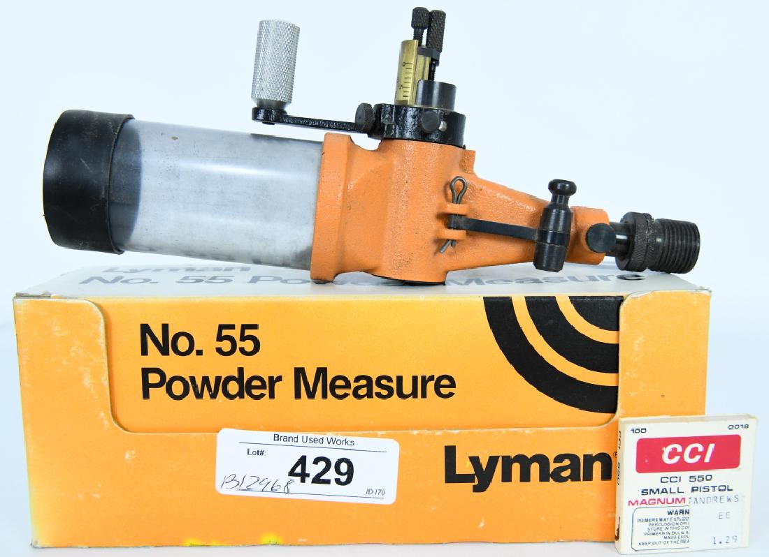 Lyman No 55 Powder Measure in box: Gently pre owned Lyman No 55 Powder Measure: in box Consistent charges with virtually all powders, built in clamps for shelf or bench mounting, also fits 1/8" x 14" powder, measure stands and presses