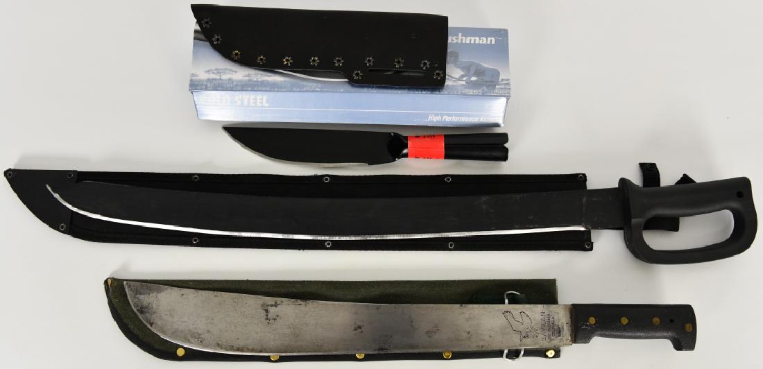 MACHETES AND COLD STEEL LANCE.: MACHETES AND COLD STEEL LANCE. Here are two (2) machetes with sheaths. One has a “D” handle on a 24-inch blade with a black nylon sheath. The second is a standard machete with an 18-inch blade mar