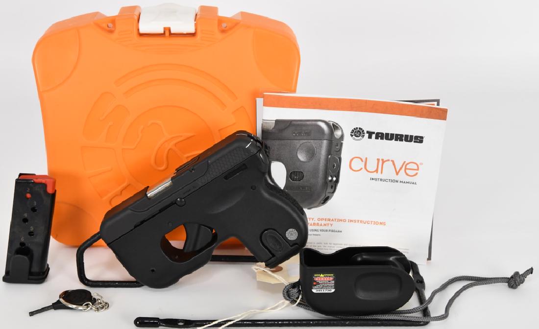 Taurus 180 Curve .380 ACP Semi Auto W/ Laser: Up next is a like new Taurus 180 Curve .380 ACP Semi Auto with Laser & light. Great carry gun as it has a lanyard to wear it from your neck or a pocket clip. It comes in the factory hardcase with 2 ma