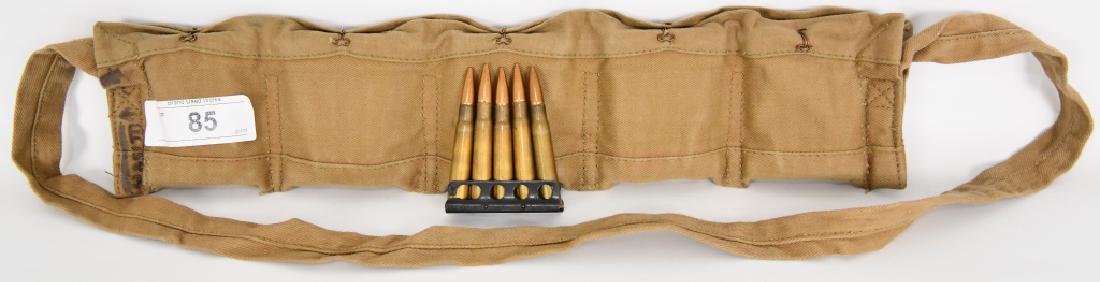 303 British Bandolier 50 rd Stipper WW2 .303: 303 British Bandolier with 50 rounds live ammo with each 5 round stripper clip, HS shows G B 4 9 7 overall in real nice condition there is a marking on the edge of cloth that is hard to read, ammo app