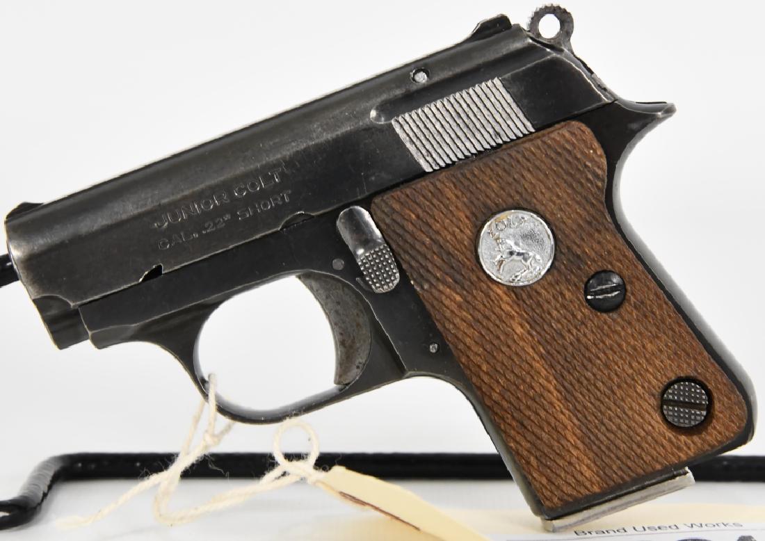 Colt Junior Semi Auto Pocket Pistol .22 Short: Up Next is a nice little pre-owned Junior Colt Automatic Pistol chambered in .22 Short and comes with 1 factory magazine. Serial # 14427cc It is in Excellent pre-owned condition.