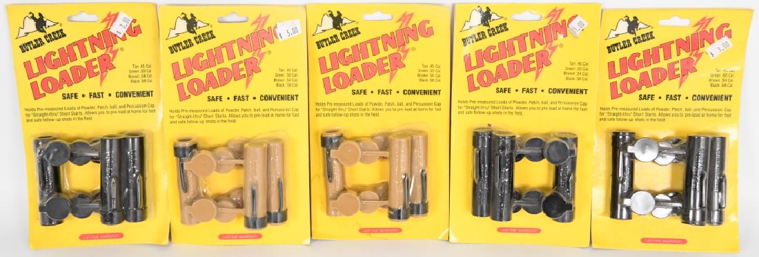 NEW Butler Creek Quick Loader Lot of 5: 3 packages are Black which fit .58 cal: which holds pre measured loads of powder, patch ball and percussion cap for straight through short starts, allows you to pre load at home for fast and safe foll