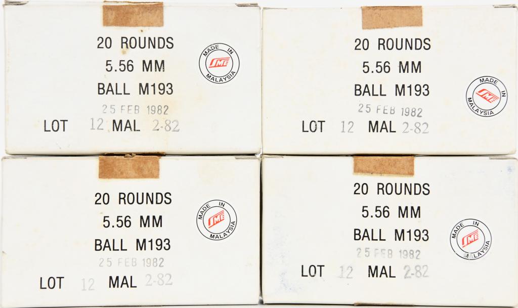 80 Rounds of 5.56mm Ball M193 Ammo: 4 Boxes of 20 Rounds , Ball M193 Dated 1982 , Made In Malaysia