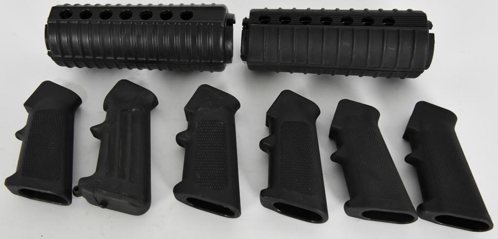 Lot of Misc AR -15 Hand guards & 6 Pistol grips: lot contains 6 Heavy duty polymer pistol grips with checkering for a better hold, misc styles un marked and are black, and 2 sets AR-15 handguards, one has the heat shield. All items in great conditio