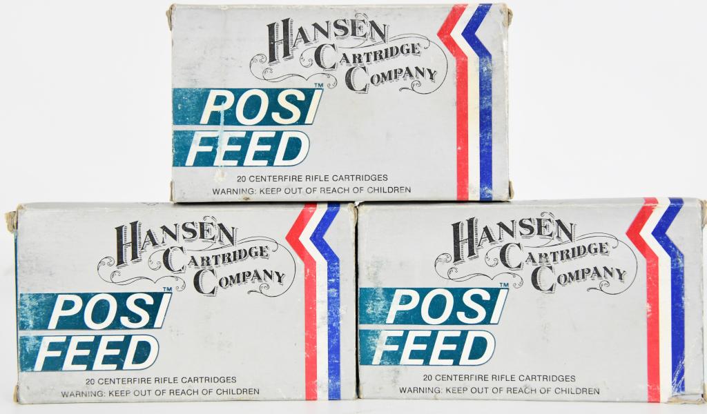 57 Rounds of Hansen Posi Feed 8mm Mauser Ammo: 3 boxes of 20 Rounds one box is Missing 3 Rounds 8mm Mauser 8x57 JS 170 GR Posi-Feed Soft Point Ammo