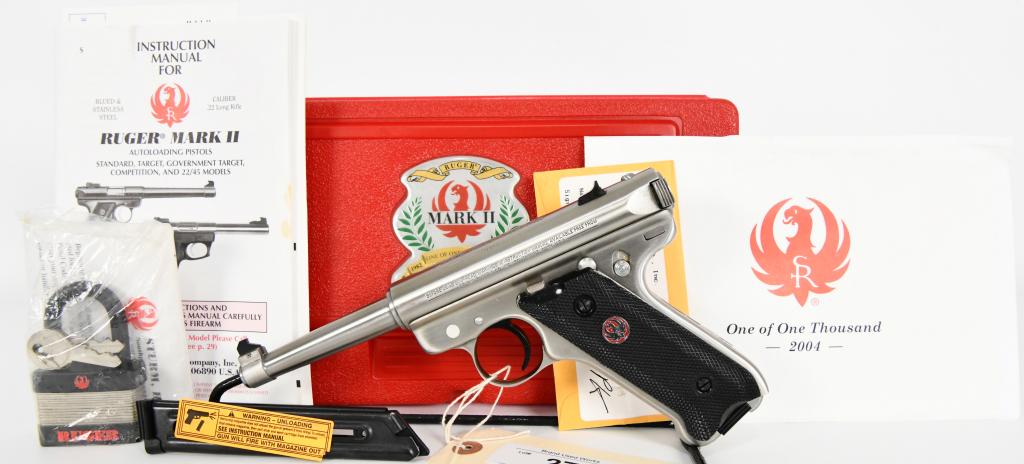NEW Ruger MK II One Of One Thousand LE Pistol: Up next is a Ruger Mark II Limited Edition .22lr "One of One Thousand" This pistol is brand new in the Red Hard case, Comes with all the paperwork, 2 magazines. Serial #226-17326 it was made in 2004. 