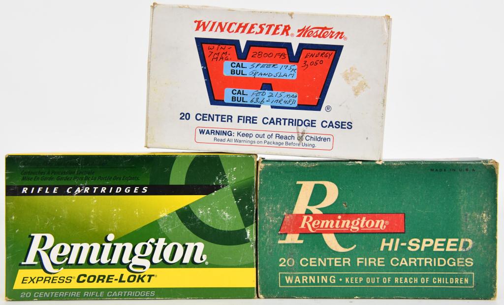 58 Rounds Of 7mm Remington Magnum Ammo: 18 Rounds of Winchester Western 7mm Unprimed 20 Rounds Of Remington Express Core-Lokt 150 Gr 20 Rounds Of Remington Hi-Speed 125 Gr Soft Point Ammo