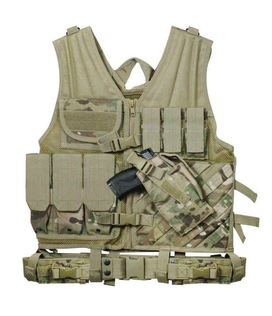 ROTHCO #6384 Tactical Cross Draw Vest Camo NWT: Rothco 6384 Tactical Cross Draw Vest, MultiCam- One size fits most Stay prepared for any tactical situation with this vest loaded with features. The right side features 3 ammo pouches, a large shell c