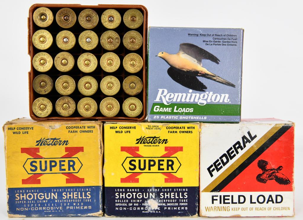 125 Rounds Of 16 GA Shotshells: Western Super-X 2 3/4" , Remington Game Loads 2 3/4" 1200 FPS 1 Oz 8 Shot, Western Super-X 2 9/16" 1 1/8 OZ 7 1/2 Shot, Federal Field Load 1 1/8 OZ 8 Shot,.