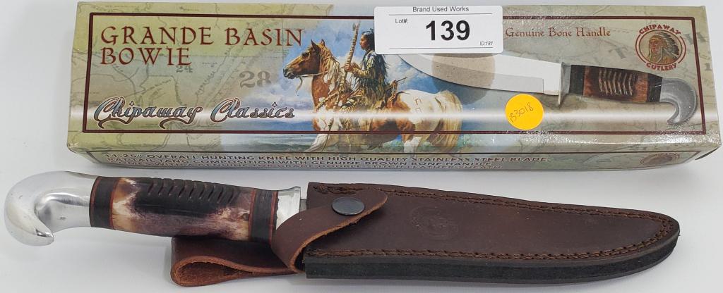 Frost Cutlery Chipaway Grande Basin Bowie Knife: NEW Frost Cutlery Chipaway Grande Basin Bowie Knife CW-355, Overall: 11.75"; Blade: 6.5" , Stainless , Standard Edge , Satin Finish; Handle: Bone; Other Info: Nickel silver guard and pommel. Brown lea