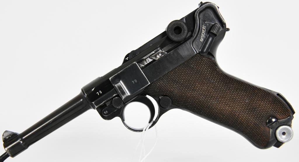 WWII Nazi Mauser P08 Luger Pistol 1939: Up next is a nice Mauser P08 Luger Semi Auto Pistol Dated 1939. Overall condition is Excellent for it's age and path. Frame Serial # 9356 With 56 marked on half the parts, the upper half and barrel is